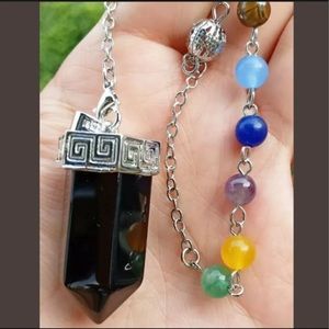 Black Agate Stone 7 Chakra beads silver chain Pendulum